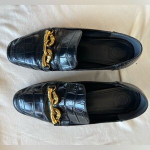 Tory Burch Jessa Black Loafers with Gold horse head Accent embossed
